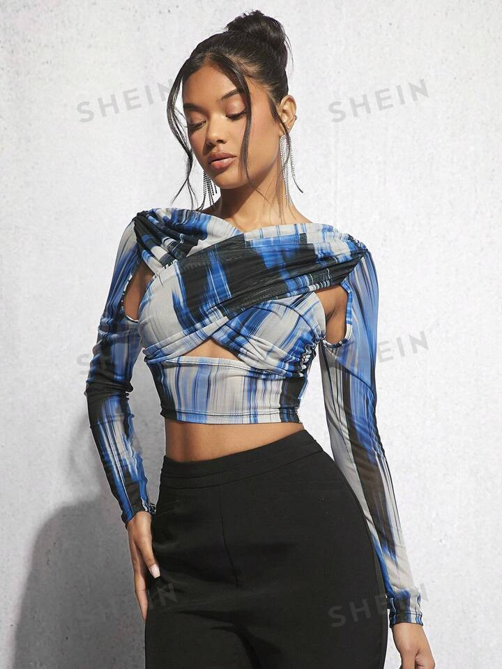 SHEIN BAE Brush Print Cut Out Wrap Cross Crop Top | SHEIN