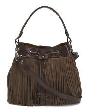 suede elisa fringe bucket bag with leather trim | TJ Maxx