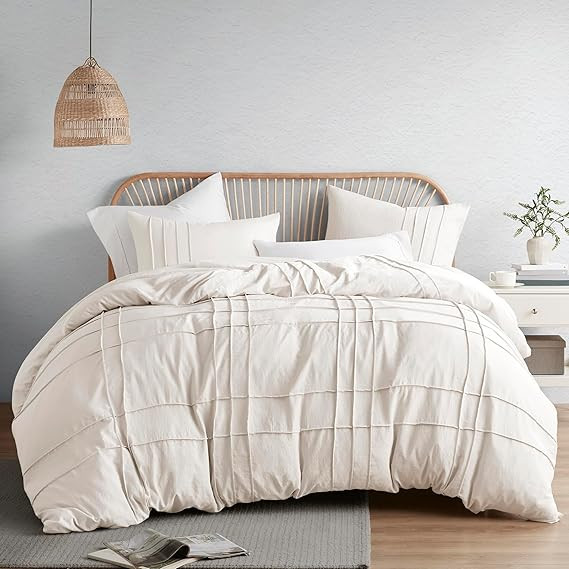 Comfort Spaces Cream King Size Duvet Cover Set - 3 Pieces Pintuck Pleated Duvet Cover King, All S... | Amazon (US)