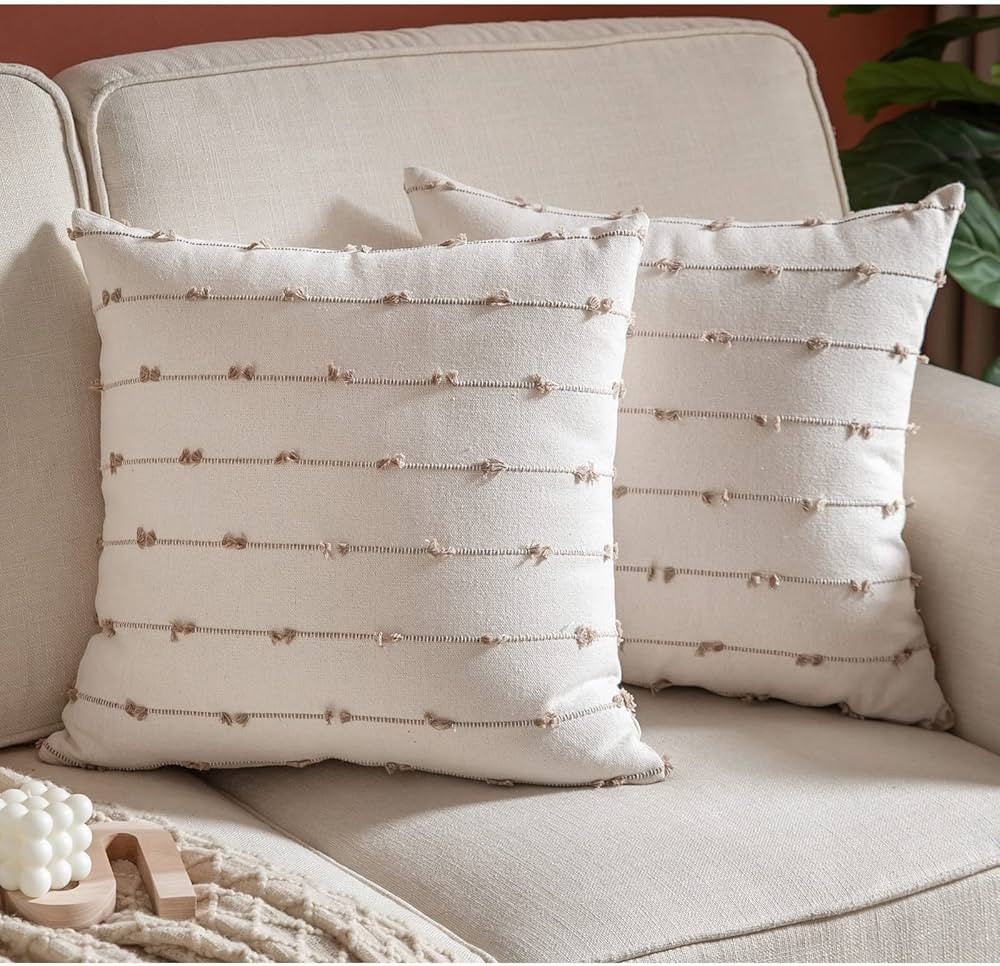 Caflife Boho Throw Pillow Covers 20x20 inches Beige and Natural Linen, Set of 2 Modern Farmhouse ... | Amazon (US)