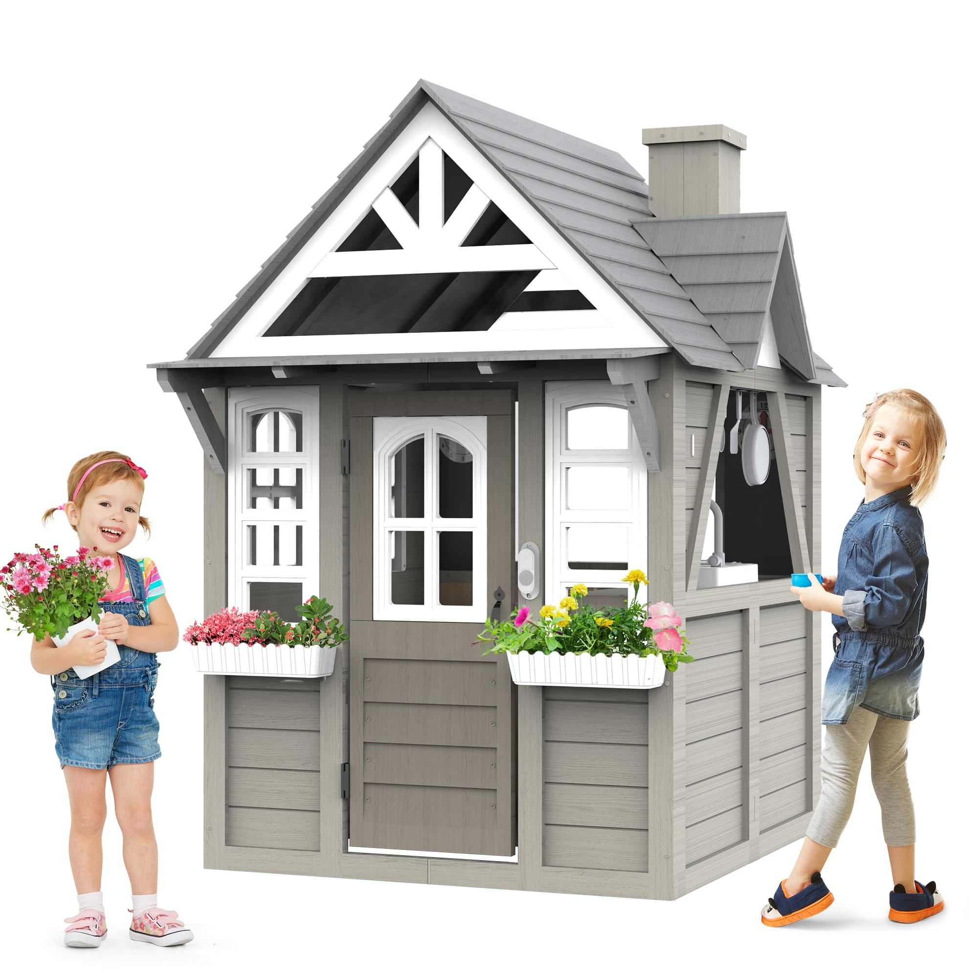 Seizeen Outdoor Kids Playhouse, All Fir Gray Modern Wooden Playhouse, Indoor Outdoor Cottage Play... | Amazon (US)