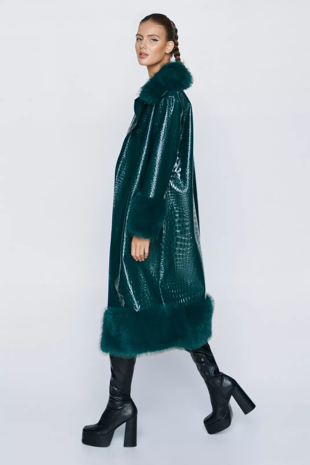Faux Vinyl Croc Coat With Faux Fur Trim | Nasty Gal (US)
