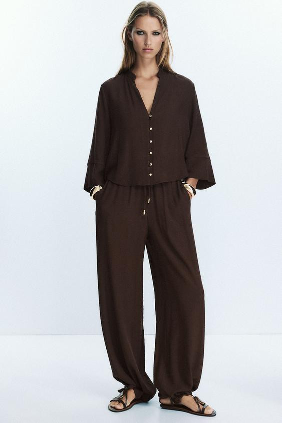 COTTON GAUZE WIDE LEG PANTS | Zara US