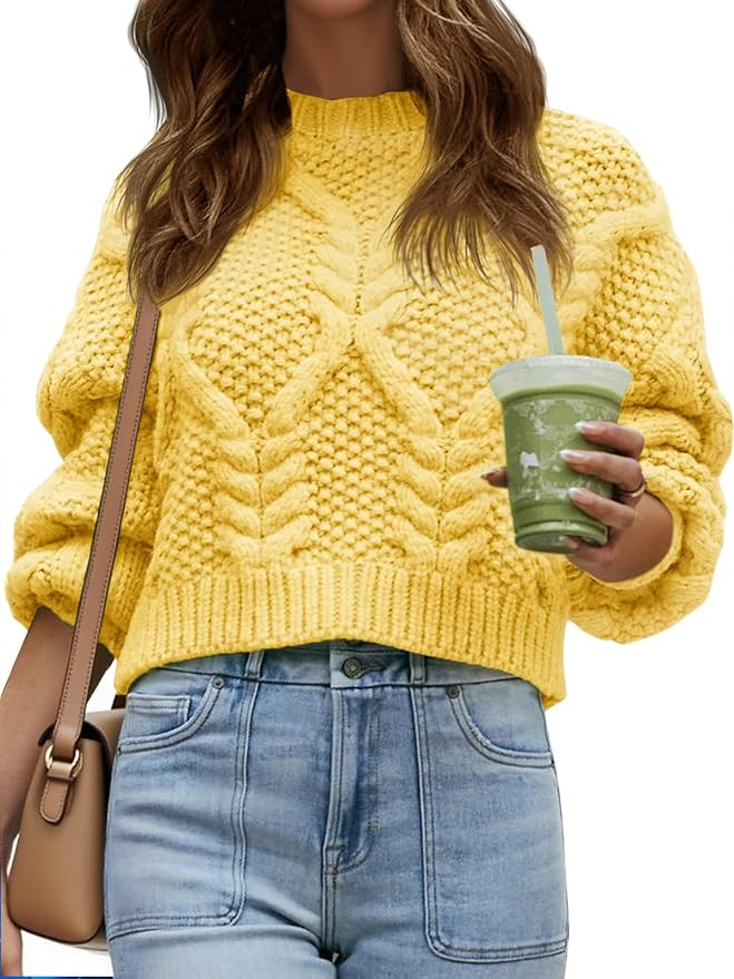Saodimallsu Womens Cable Knit Cropped Sweater Fall Chunky Puff Long Sleeve Crewneck Loose Casual ... | Amazon (US)