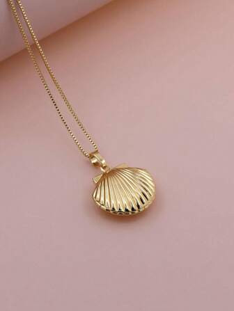 New Nordic Style Small And Simple Hollow Fan-Shaped Shell Locket Pendant Necklace With Copper Pho... | SHEIN