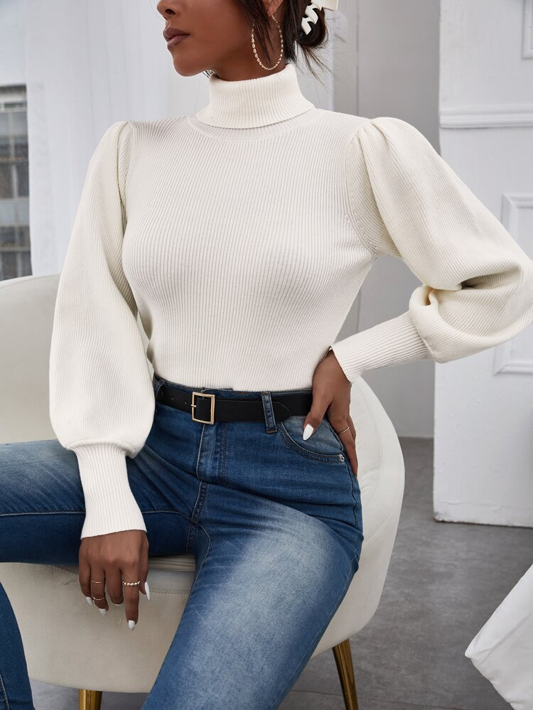 SHEIN Solid Bishop Sleeve Turtle Neck Sweater | SHEIN