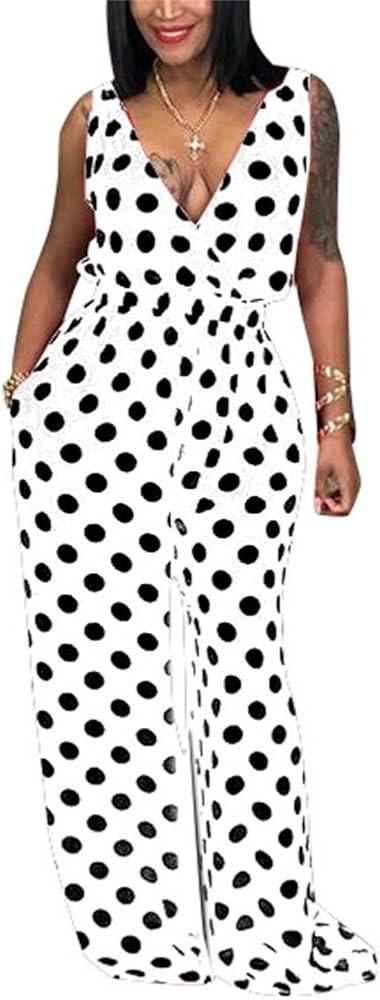 LKOUS Women Summer Elegant Spaghetti Strap Sleeveless Polka Dot Print One-Piece Loose Wide Leg Pa... | Amazon (US)