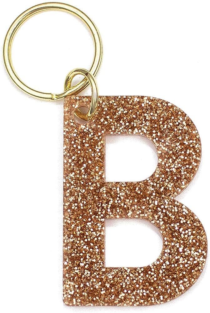 Lucky Feather Letter Keychain Accessories for Women and Girls, Gold Glitter Initial Key Ring | Amazon (US)