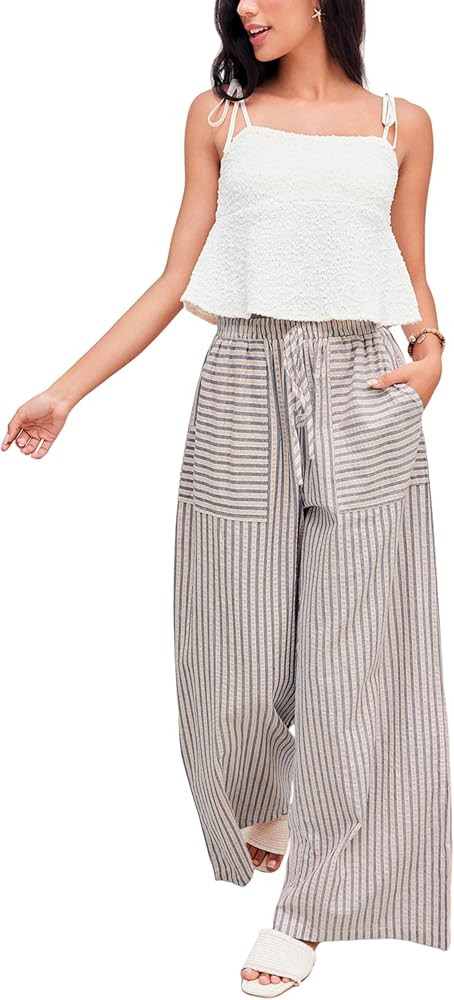 Yeokou Women's Wide Leg Pants Drawstring Striped Cotton Mid Rise Casual Long Palazzo Trousers wit... | Amazon (US)