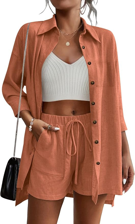 Beyove Women's Cotton Linen Set Casual Tracksuit Button Down 3/4 Sleeve Shirt Drawstring Shorts P... | Amazon (US)