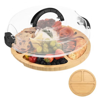 Unique Bargains Bamboo Portable Dual-function Round Charcuterie Board with Lid and Handle Black 3 Compartments（With Handle） | Target