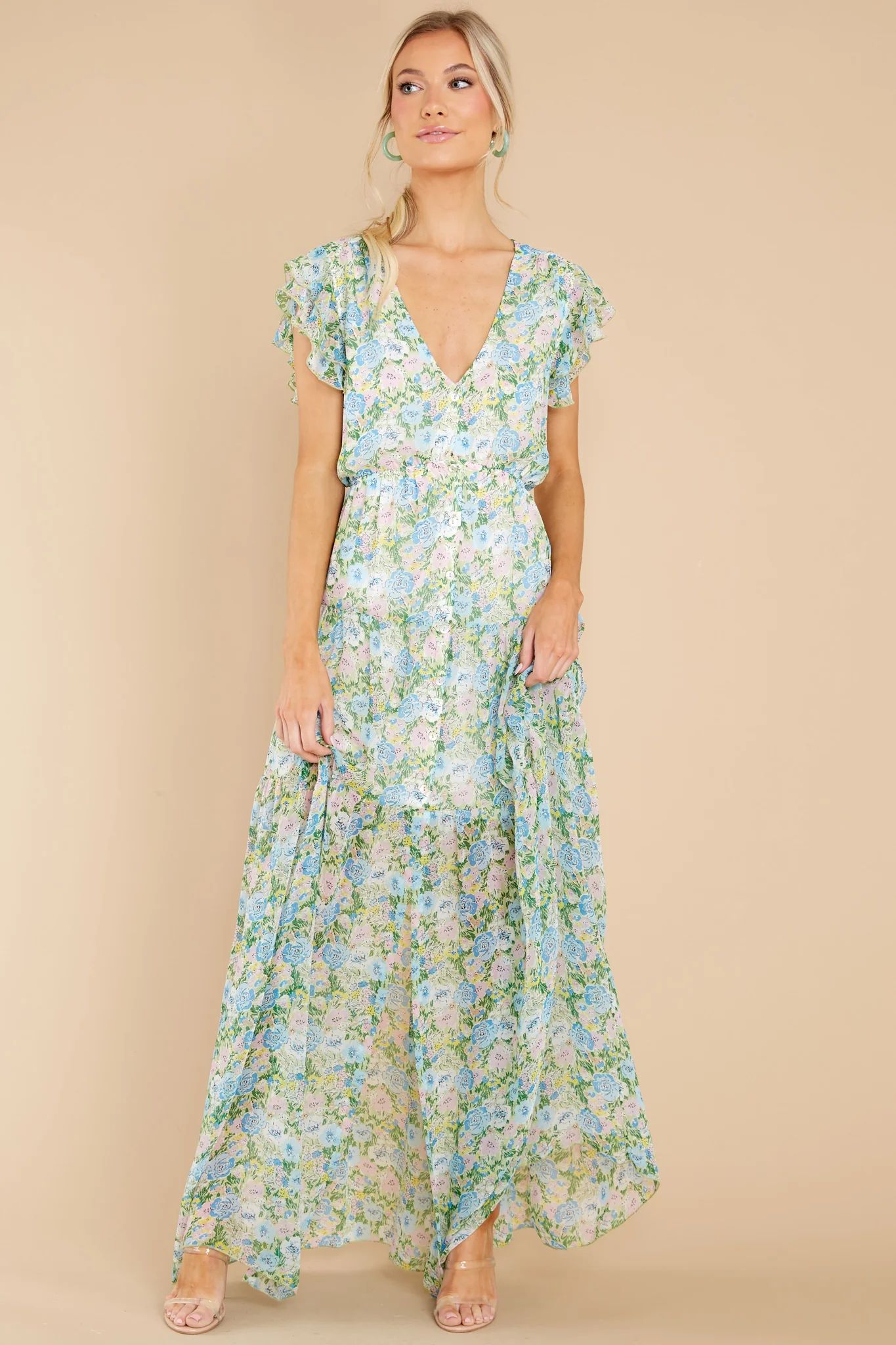 Bouquet Of Happy Green Floral Print Maxi Dress | Red Dress 