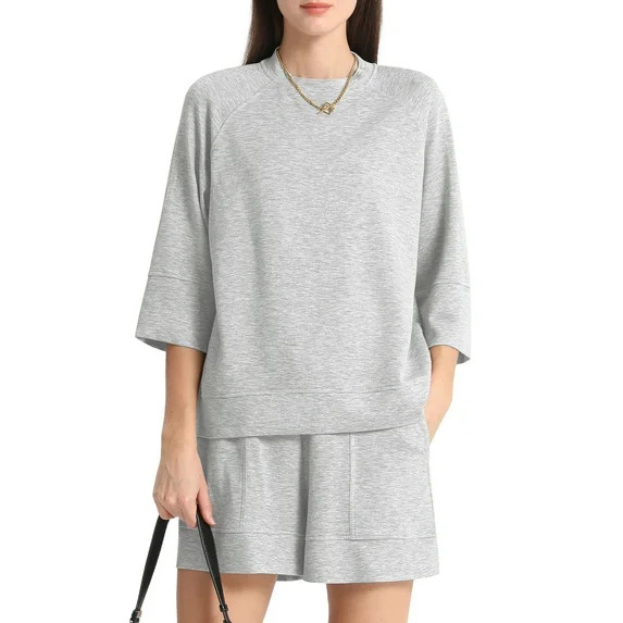 MINTREUS Women's Mock Neck Lounge Set 3/4 Sleeve Tops and Elastic Waist Shorts Cozy Loungewear Sw... | Walmart (US)