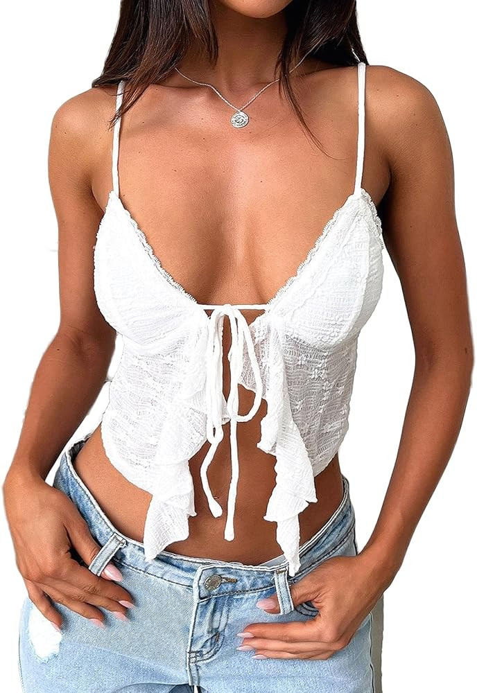 Women Sexy Tie Front Crop Top Y2k Spaghetti Strap Lace Tank Flowy Going Out Vest Tops Split Cute ... | Amazon (US)