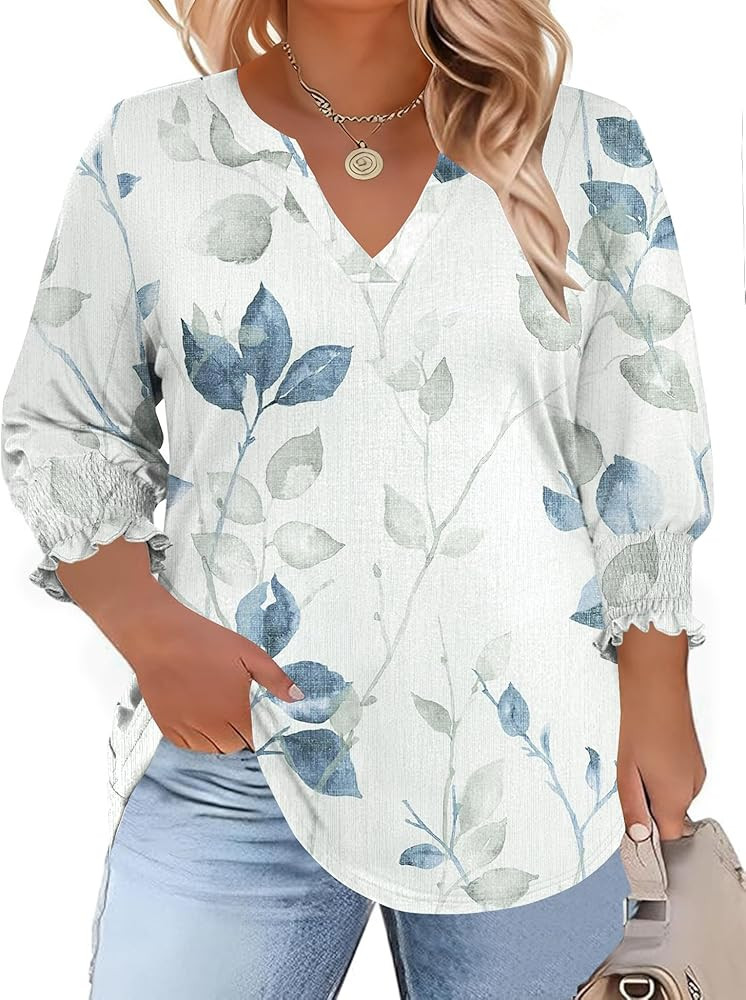 TFSDOD Womens Plus Size Tops 3/4 Sleeve Blouses Summer V Neck Shirts Smocked Cuffs Spring Outfits... | Amazon (US)