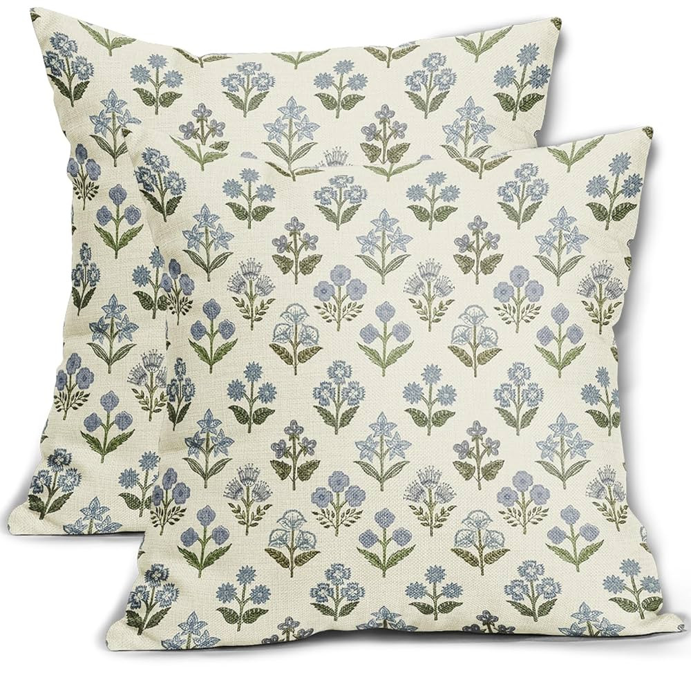 Blue Green Block Print Pillow Covers 18x18 Inch Set of 2, Vintage Floral Spring Decorative Throw ... | Amazon (US)