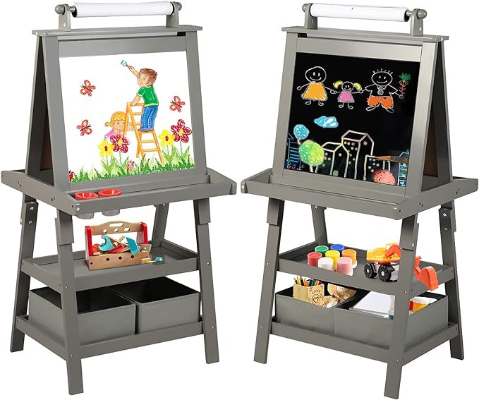 Kinder King 3 in 1 Kids Art Easel w/Storage, Double-Sided Magnetic Whiteboard & Chalkboard, Dry-E... | Amazon (US)