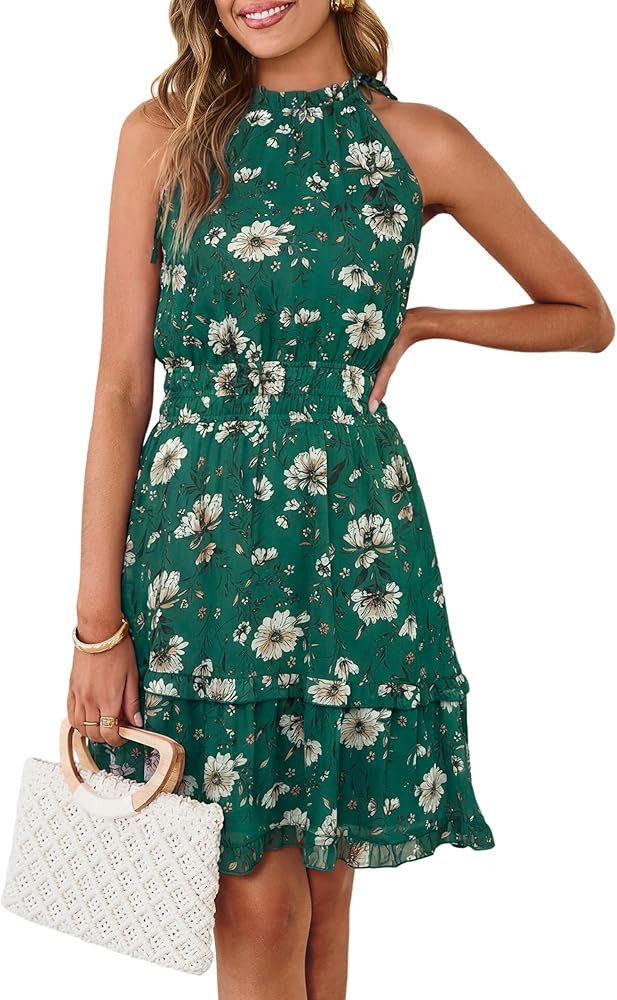 Simplee Womens Floral Summer Halter Dress A Line Sleeveless Emipre Waist Tiered Mini Boho Sundres... | Amazon (US)