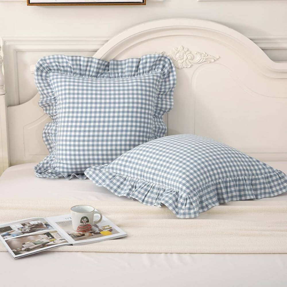 Dusty Blue Plaid Ruffle Throw Pillow Covers Set of 2,Washed Cotton Shabby Checkered Gingham Pillo... | Amazon (US)