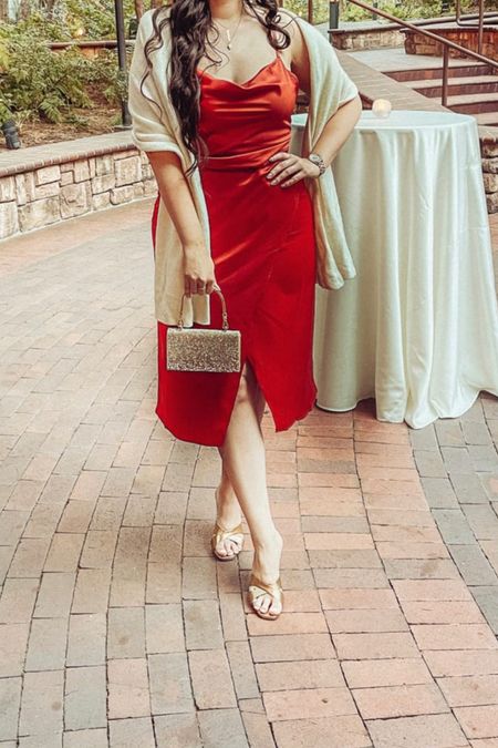 This bronze satin midi dress is absolutely stunning! 😍 You will love this dress for a fall wedding guest or winter wedding guest outfit. 🥰

#LTKunder100 #LTKcurves #LTKwedding