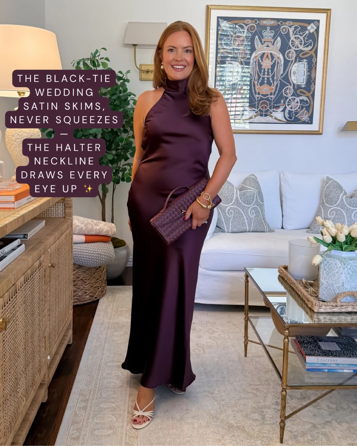 Size: medium 
The black-tie wedding dress ✨ A plum satin halter gown that skims — never squeezes. Satin drapes over the body instead of clinging to it, and the halter neckline draws every eye up. Deep jewel tones are THE color story for fall weddings, and this one looks expensive from every angle.

#fallweddingguestdress #weddingguestdress #blacktiewedding #satindress #fallweddingoutfit #halterdress