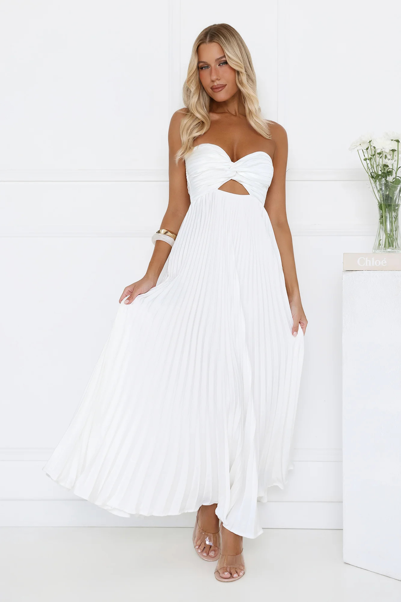 Dance Floor Darling Pleated Strapless Maxi Dress White | Hello Molly (US)