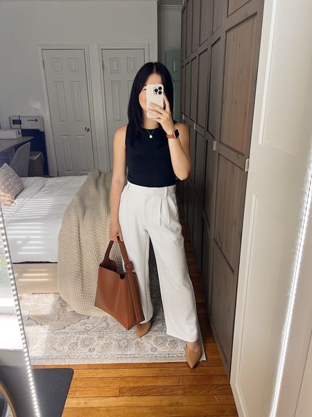 Black tank top (XS)
White pants (28S)
Brown tote bag
Tan mules 
Gold necklace 
Summer work outfit
Smart casual outfit
Neutral outfit

#LTKSaleAlert #LTKStyleTip #LTKWorkwear