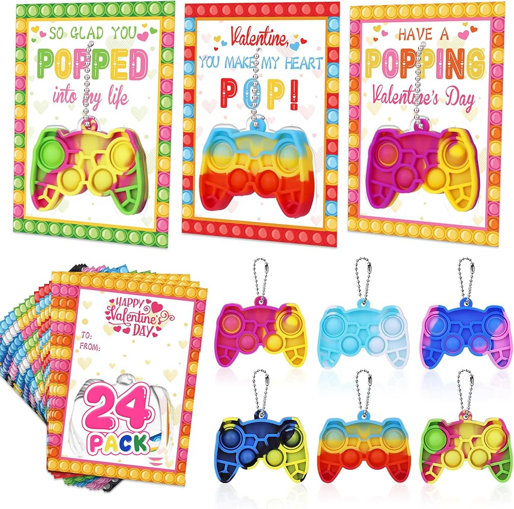 24Pcs Kids Valentines Day Cards, Mini Pop Fidget Keychain Valentines Day Gifts for Kids Classroom... | Amazon (US)