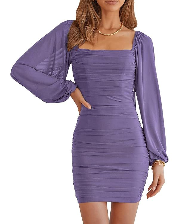MASCOMODA Elegant Square Neck Long Sleeve Cocktail Dresses for Women 2024 Mini Ruched Bodycon Dre... | Amazon (US)