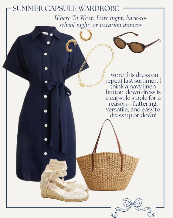 Summer Capsule Wardrobe for Moms // NAVY LINEN SHIRT DRESS & ACCESSORIES // A navy linen button-down dress is a capsule staple for a reason—flattering, versatile, and easy to dress up or down. Just add espadrilles and a woven tote for instant polish.


#LTKSeasonal #LTKFindsUnder100 #LTKStyleTip