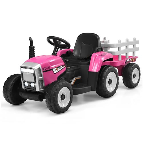 HONEY JOY Ride On Tractor with Trailer, Toddler 3-Gear-Shift Ground Loader, LED Lights, Horn, Music, 12V Battery Powered Electric Toy Tractor with Remote Control (Pink) | Amazon (US)