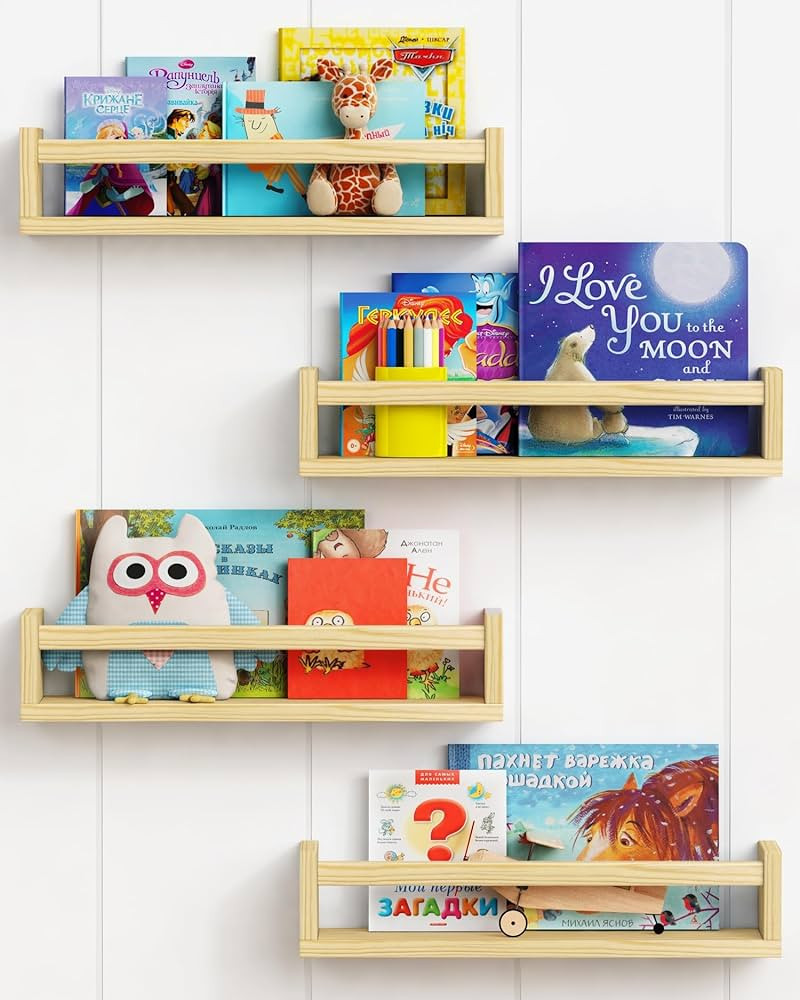 Forbena Natural Wood Nursery Book Shelves Wall Mounted, Floating Bookshelf for Kids Room, Toys an... | Amazon (US)