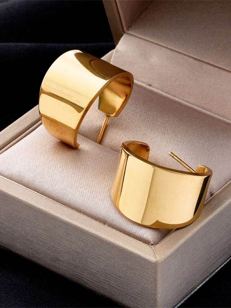 1pair Simple And Cool Minimalist Style Shiny C-Shaped Wide-Faced Stainless Steel Earrings With Hi... | SHEIN