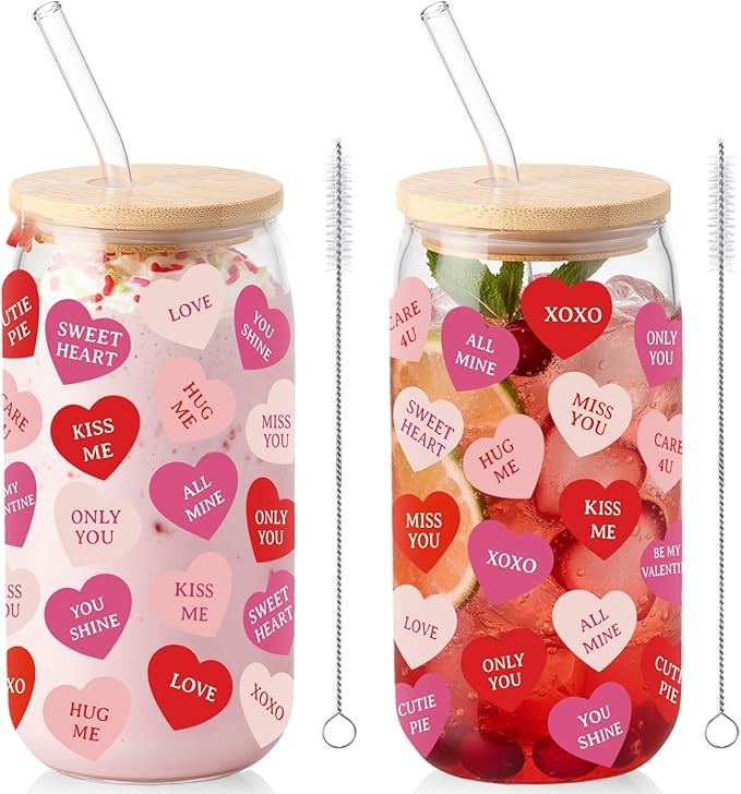 Sliner 2 Pcs Conversation Heart Glass Cups Valentine's Day Tumbler 16 oz Iced Coffee Cup Drinking... | Amazon (US)