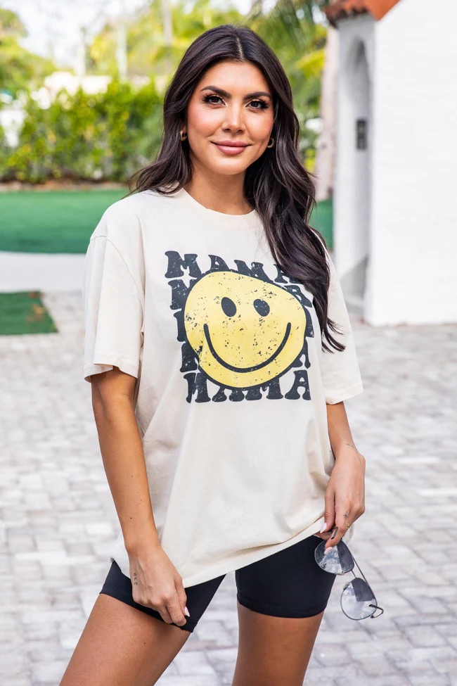 Mama Smiley Repeat Ivory Graphic Tee | Pink Lily