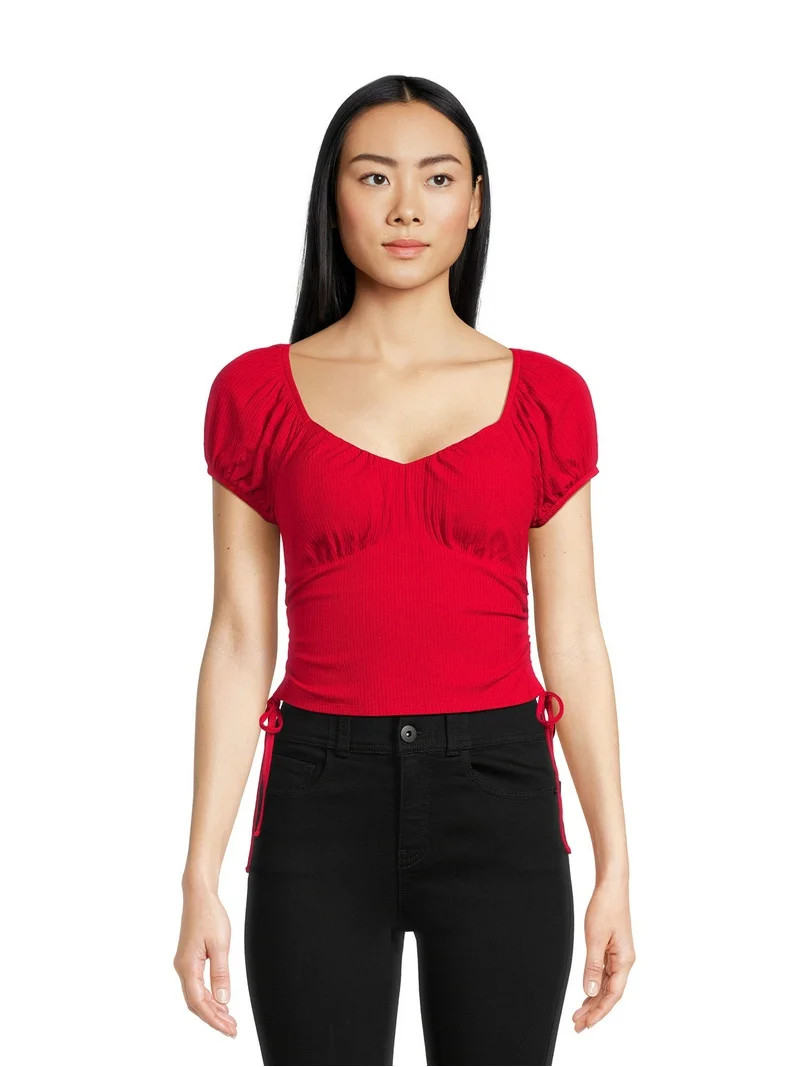 No Boundaries Juniors Peasant Top with Ruched Sides, Sizes XS-3XL | Walmart (US)