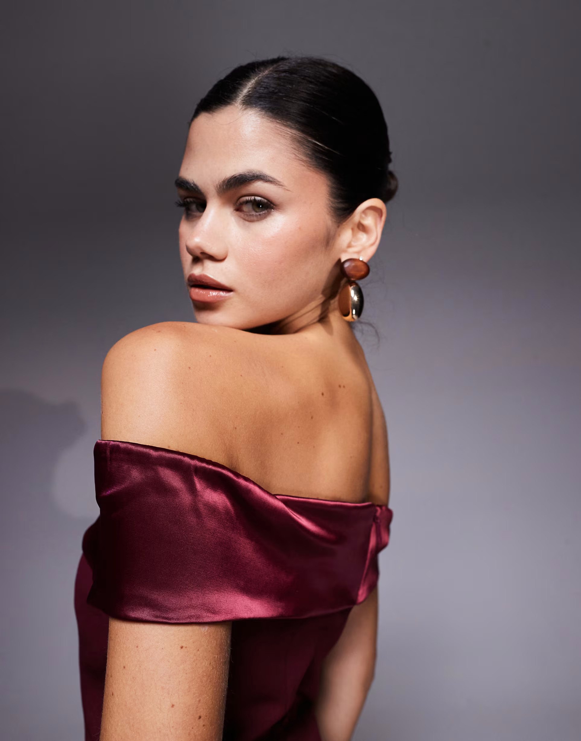 Wanderdoll Daphne structured bardot satin sleeve hip pleat mini dress in burgundy | ASOS (Global)