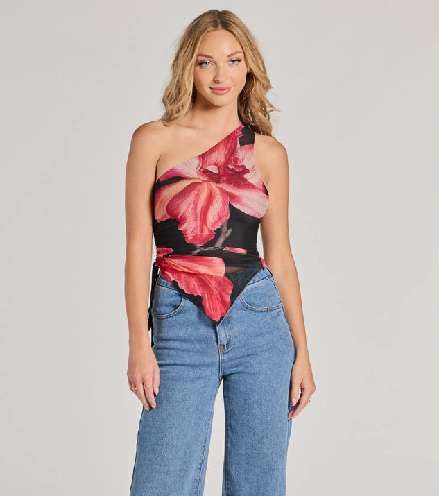 Pretty Bold One-Shoulder Floral Mesh Crop Top | Windsor Stores