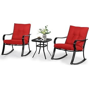SOLAURA 3-Piece Outdoor Rocking Chairs Bistro Set, Black Iron Patio Furniture with Red Thickened ... | Amazon (US)