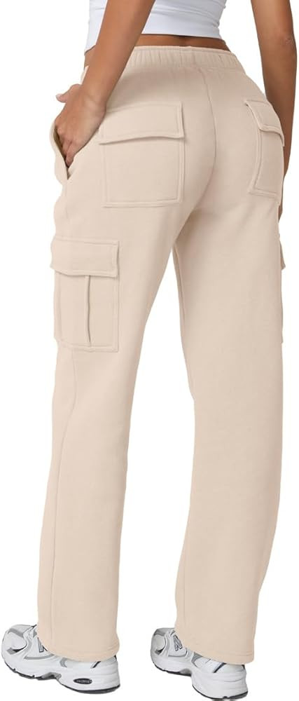 QINSEN Womens Medium Waist Baggy Elastic Waist Sweatpants Casual Fleece Long Pants with Pockets | Amazon (US)