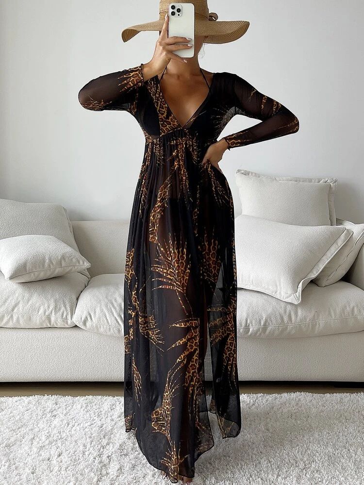 Leopard Print Split Cover Up Dress | SHEIN