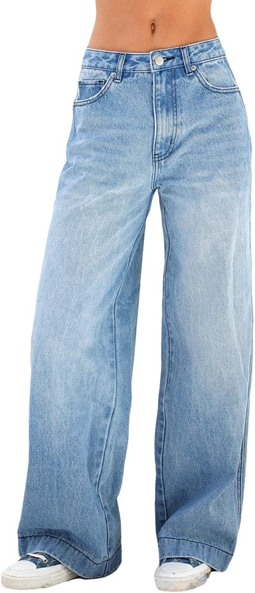 Women's Wide Leg Boyfriend Jeans Straight Leg Denim Pants Low Rise Baggy Jeans Casual Loose Jeans | Amazon (US)