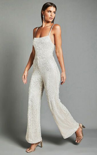 Carlie Jumpsuit - Straight Neck Strappy Sequin in Champagne | Showpo (US, UK & Europe)