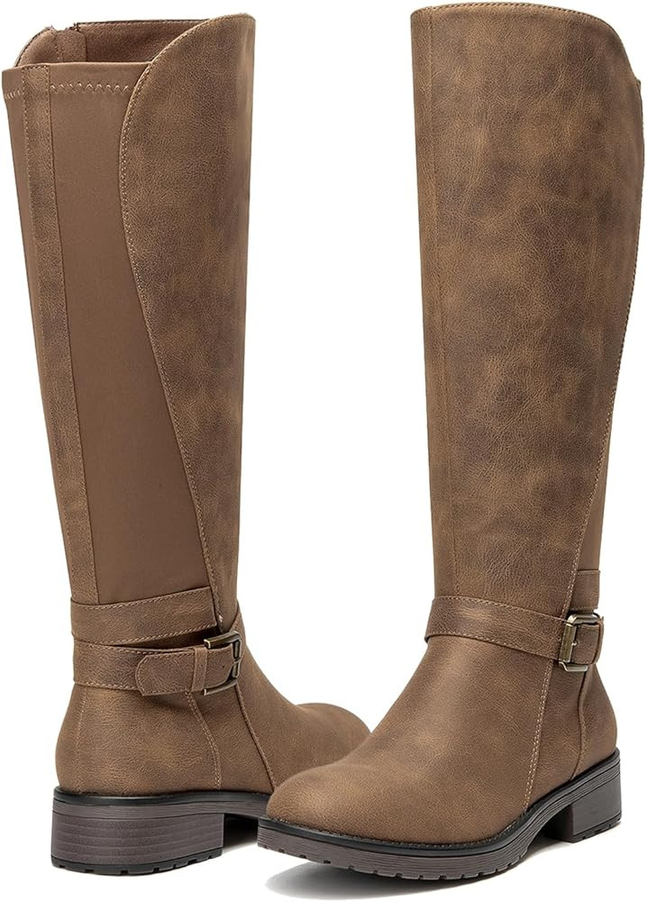 ALLOT Women's Stretch Knee High Boots Low Block Heel Buckle Strap Classic Riding Boots Ladies Sid... | Amazon (US)