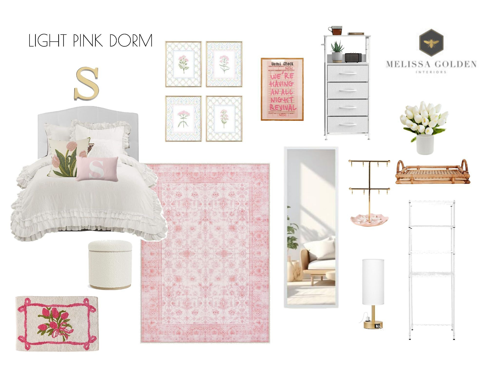 The concept for this dorm room centers on creating a soft, soothing space that feels like a personal retreat from the hustle of campus life. The light pink floral theme evokes a sense of calm and romanticism, blending elegance with youthful charm. 

 