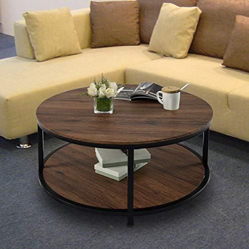 charaHOME Round Coffee Table Rustic Vintage Industrial Design Furniture Sturdy Metal Frame Legs S... | Amazon (US)