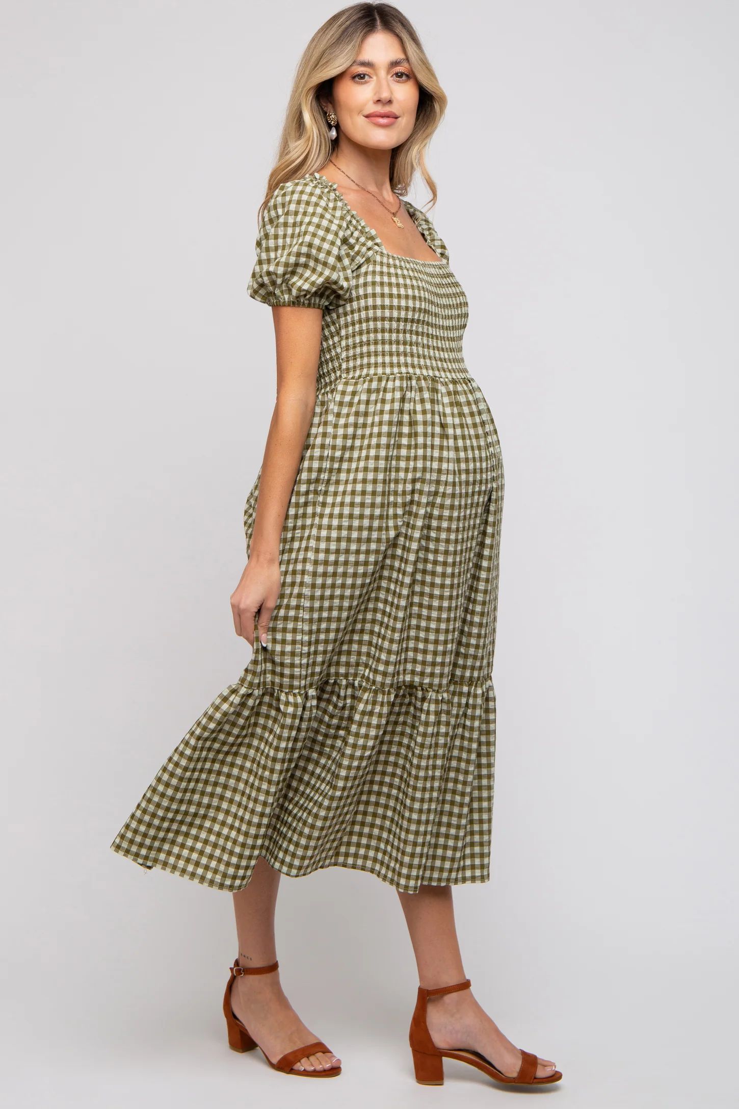 Olive Gingham Smocked Maternity Midi Dress | PinkBlush Maternity