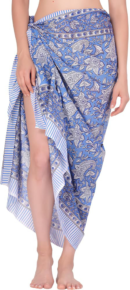 100% Cotton Hand Block Printed Sarong Swimsuit Beach Bikini Cover up Skirt Swimwear Pareo Wrap Sc... | Amazon (US)