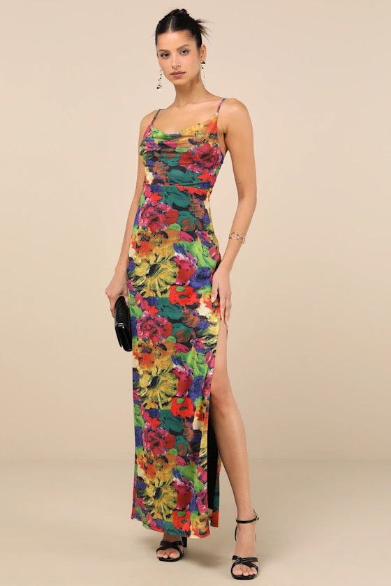 Sunniva Black Multi Print Mesh Cowl Maxi Dress | Lulus