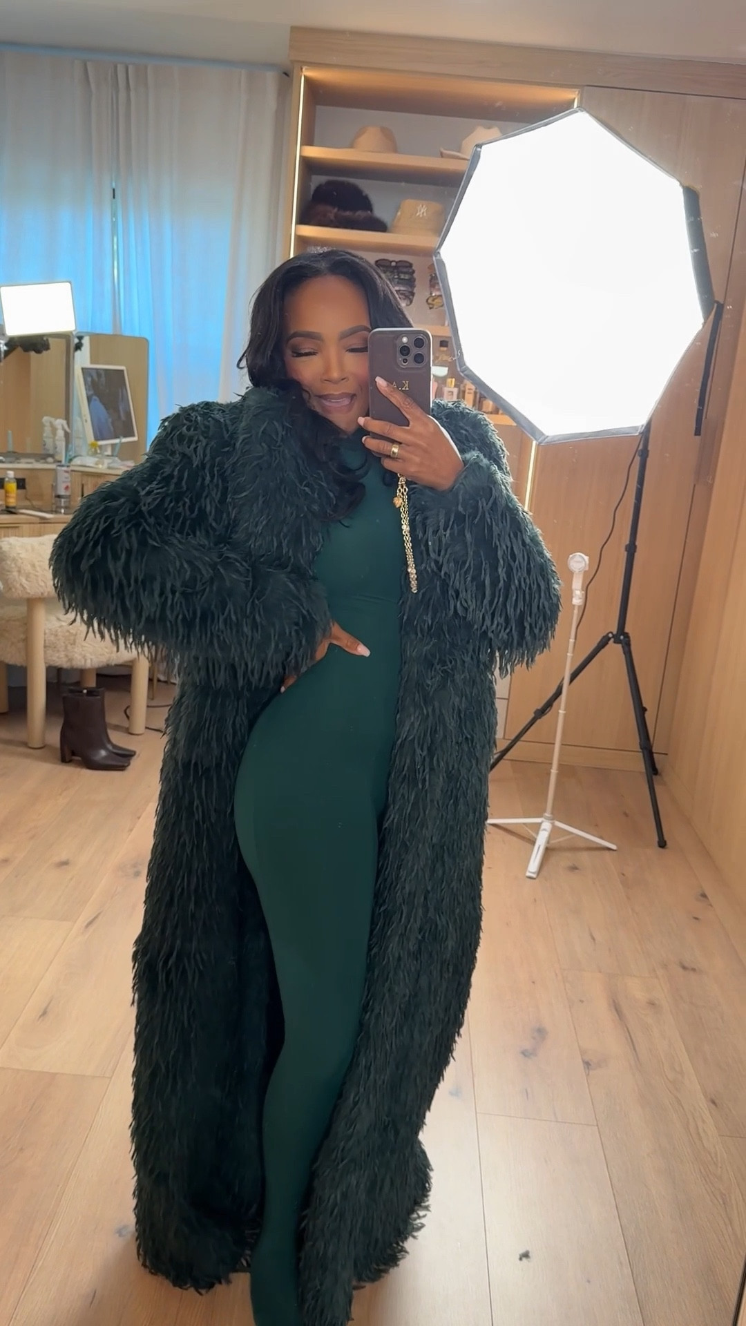 Effortlessly elevated and cozy — this plush green statement coat layered over a sleek matching set is one of those looks that instantly turns heads. The texture, the color, the silhouette… it’s bold without trying too hard. Styled together or worn separately, this is the kind of outfit that keeps the cost per wear dropping all season long.

Perfect for:
• Holiday parties  
• Winter dinners  
• Date nights  
• Elevated cold-weather outings  

📏 Sizing:
Coat: Small  
Set: Small  
Shoes: True to size  

Measurements:
5’4” · 138 lbs · 34D · 27” waist · 40” hips  

Tap to get details and shop everything linked.

Plush faux fur coat, green monochrome outfit, elevated winter style, statement outerwear, cozy chic looks, fashion-forward cold weather outfits.

Follow me on Instagram and YouTube @kirasfashionfinds